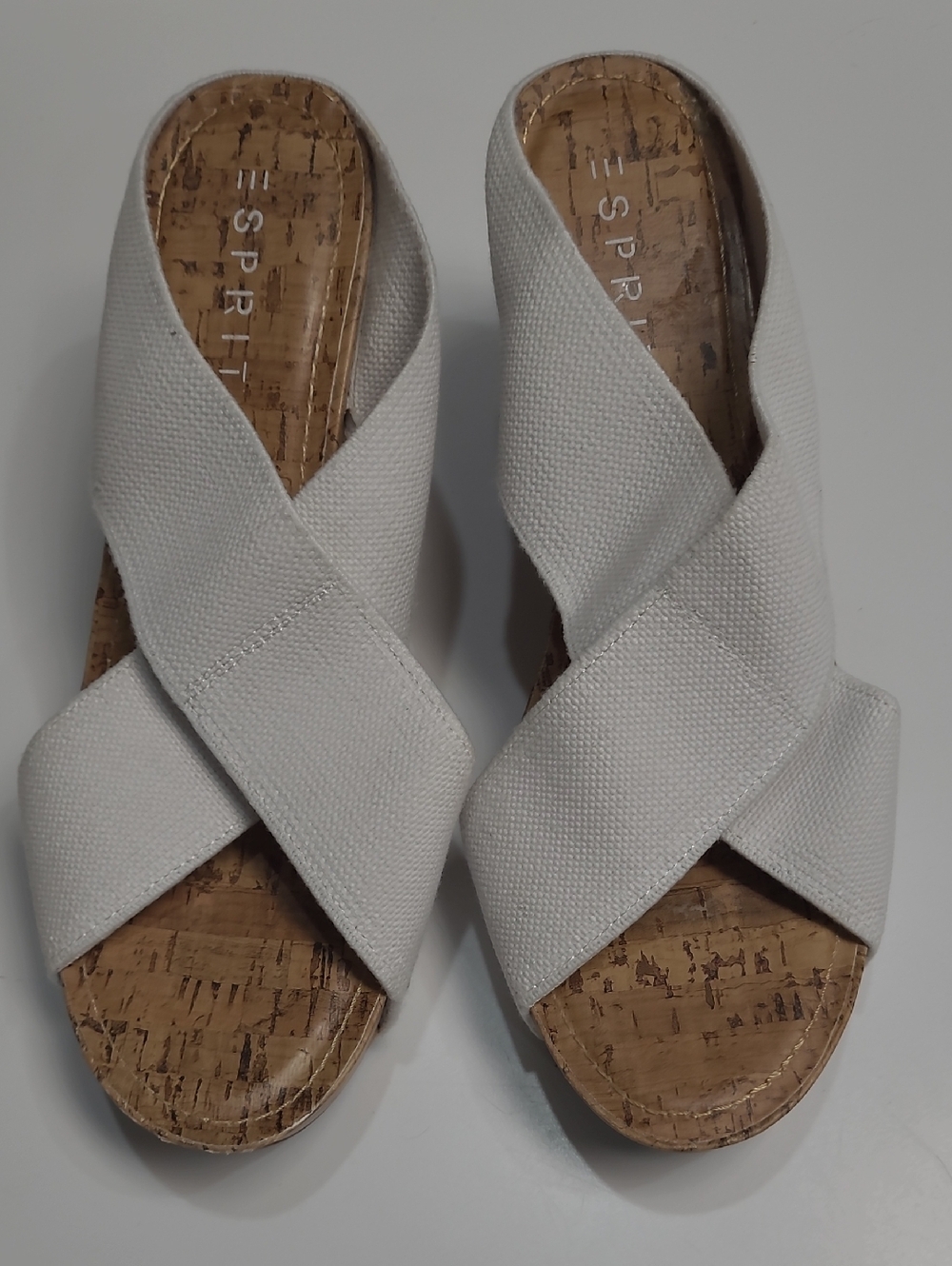 Esprit Off-White Crossband Cork Wedge Sandals - Size 10